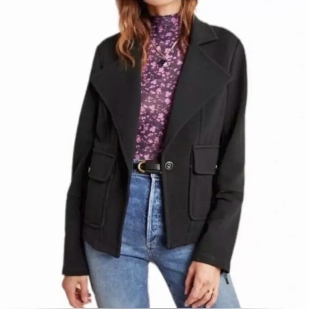 Anthropologie Black Blazer Jacket with Purple Floral Top (Layered Look)